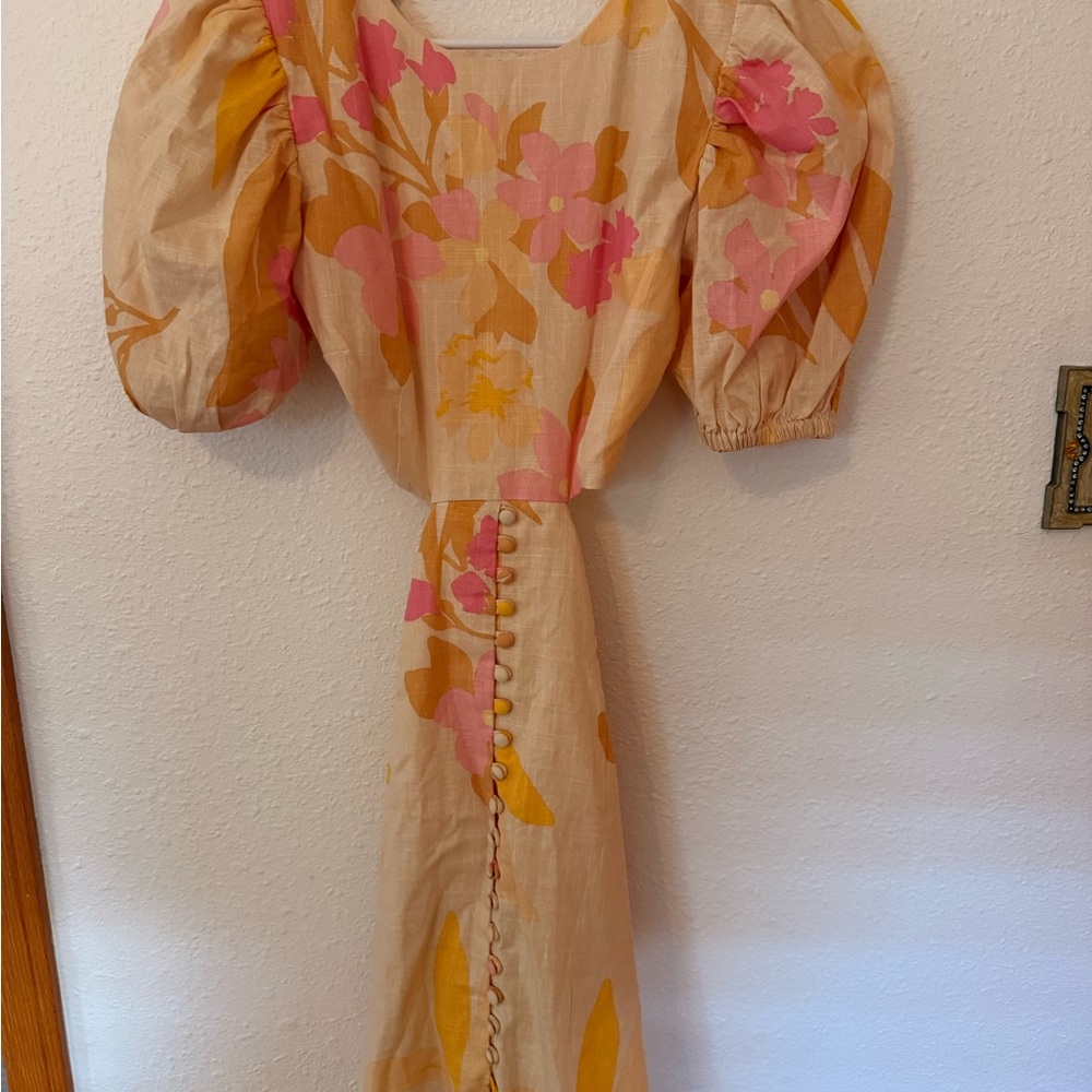 Sabo Skirt Beige Floral Puff-Sleeve Maxi Dress with Pink & Mustard Print - Picture 1 of 4